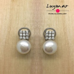 Pendientes omega en plata con perla  y circonitas - Luymar Perlas