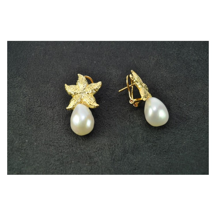 Pendientes de perla con estrella de mar chapada en oro - Nubey Joya